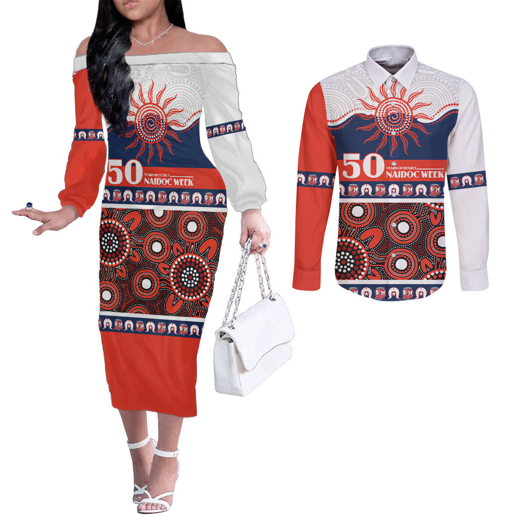 Roosters NAIDOC Week Personalised Couples Matching Off The Shoulder Long Sleeve Dress and Long Sleeve Button Shirt Aboriginal Torres Strait Islanders Vibe