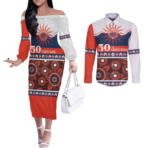 Roosters NAIDOC Week Personalised Couples Matching Off The Shoulder Long Sleeve Dress and Long Sleeve Button Shirt Aboriginal Torres Strait Islanders Vibe