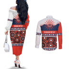 Roosters NAIDOC Week Personalised Couples Matching Off The Shoulder Long Sleeve Dress and Long Sleeve Button Shirt Aboriginal Torres Strait Islanders Vibe
