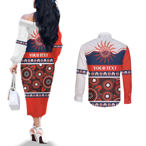 Roosters NAIDOC Week Personalised Couples Matching Off The Shoulder Long Sleeve Dress and Long Sleeve Button Shirt Aboriginal Torres Strait Islanders Vibe