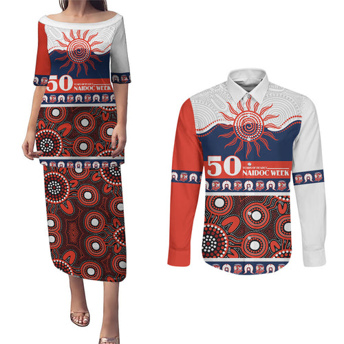 Roosters NAIDOC Week Personalised Couples Matching Puletasi and Long Sleeve Button Shirt Aboriginal Torres Strait Islanders Vibe