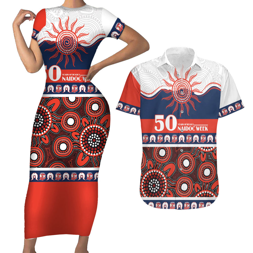 Roosters NAIDOC Week Personalised Couples Matching Short Sleeve Bodycon Dress and Hawaiian Shirt Aboriginal Torres Strait Islanders Vibe