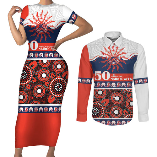 Roosters NAIDOC Week Personalised Couples Matching Short Sleeve Bodycon Dress and Long Sleeve Button Shirt Aboriginal Torres Strait Islanders Vibe