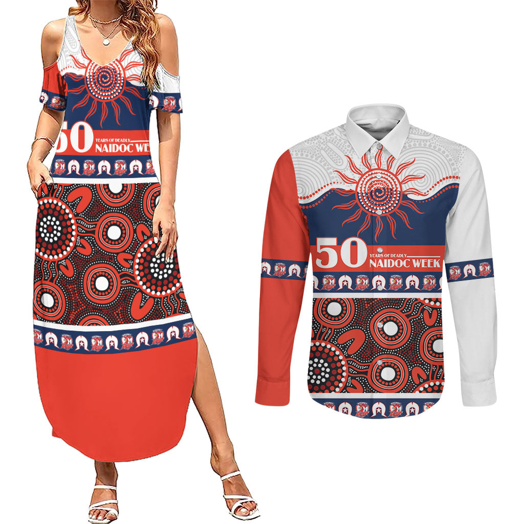 Roosters NAIDOC Week Personalised Couples Matching Summer Maxi Dress and Long Sleeve Button Shirt Aboriginal Torres Strait Islanders Vibe