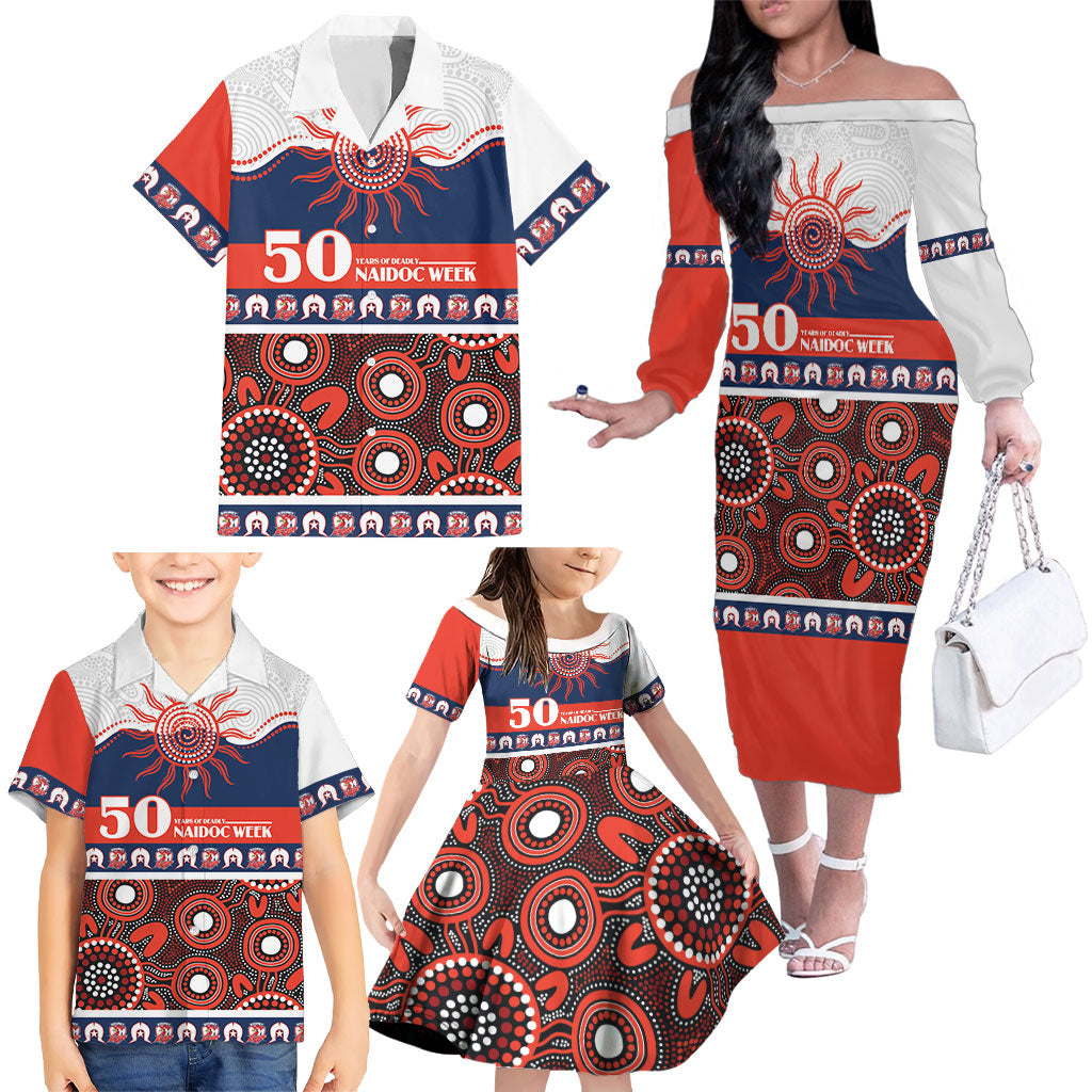Roosters NAIDOC Week Personalised Family Matching Off The Shoulder Long Sleeve Dress and Hawaiian Shirt Aboriginal Torres Strait Islanders Vibe