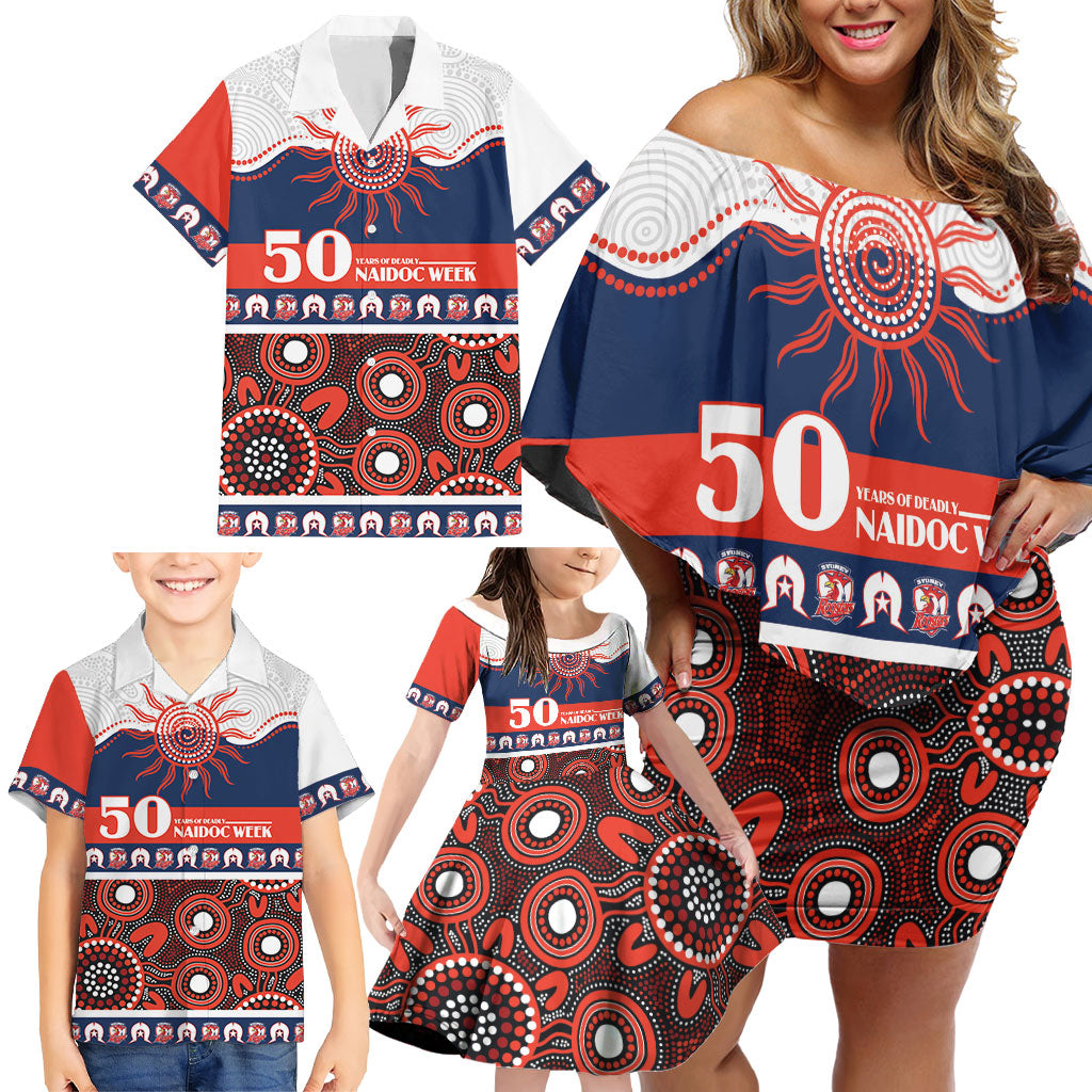 Roosters NAIDOC Week Personalised Family Matching Off Shoulder Short Dress and Hawaiian Shirt Aboriginal Torres Strait Islanders Vibe