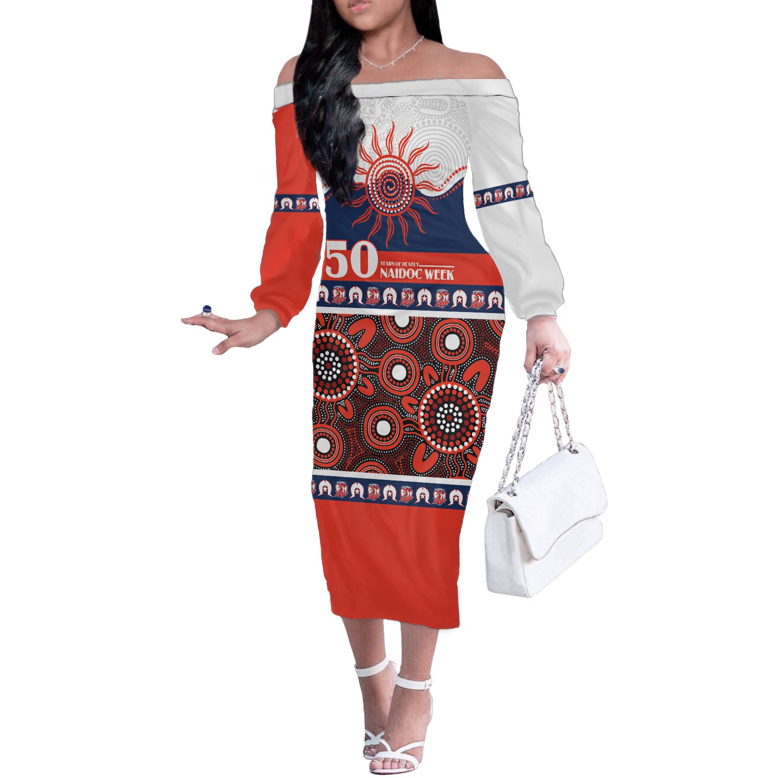 Roosters NAIDOC Week Personalised Off The Shoulder Long Sleeve Dress Aboriginal Torres Strait Islanders Vibe