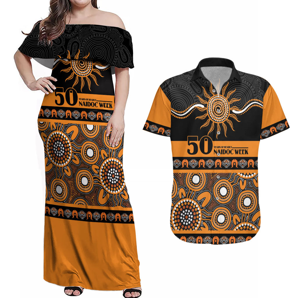 Tigers NAIDOC Week Personalised Couples Matching Off Shoulder Maxi Dress and Hawaiian Shirt Aboriginal Torres Strait Islanders Vibe