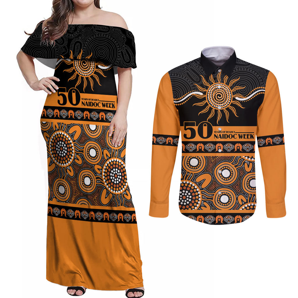 Tigers NAIDOC Week Personalised Couples Matching Off Shoulder Maxi Dress and Long Sleeve Button Shirt Aboriginal Torres Strait Islanders Vibe