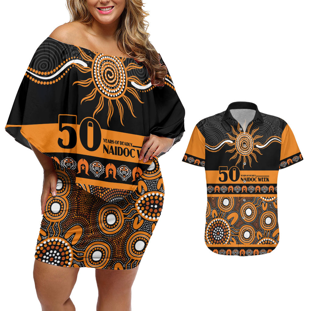 Tigers NAIDOC Week Personalised Couples Matching Off Shoulder Short Dress and Hawaiian Shirt Aboriginal Torres Strait Islanders Vibe