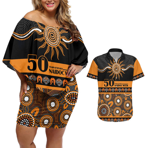 Tigers NAIDOC Week Personalised Couples Matching Off Shoulder Short Dress and Hawaiian Shirt Aboriginal Torres Strait Islanders Vibe