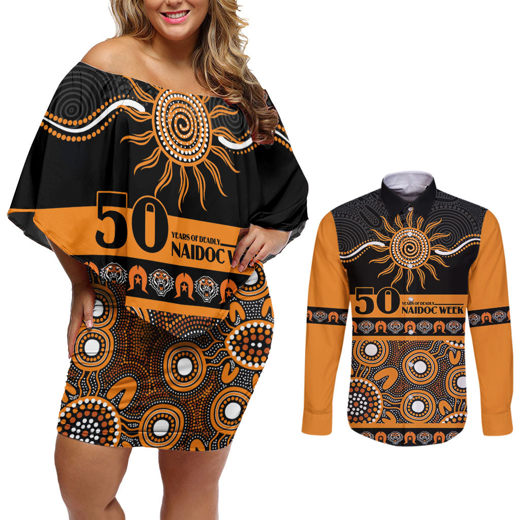 Tigers NAIDOC Week Personalised Couples Matching Off Shoulder Short Dress and Long Sleeve Button Shirt Aboriginal Torres Strait Islanders Vibe
