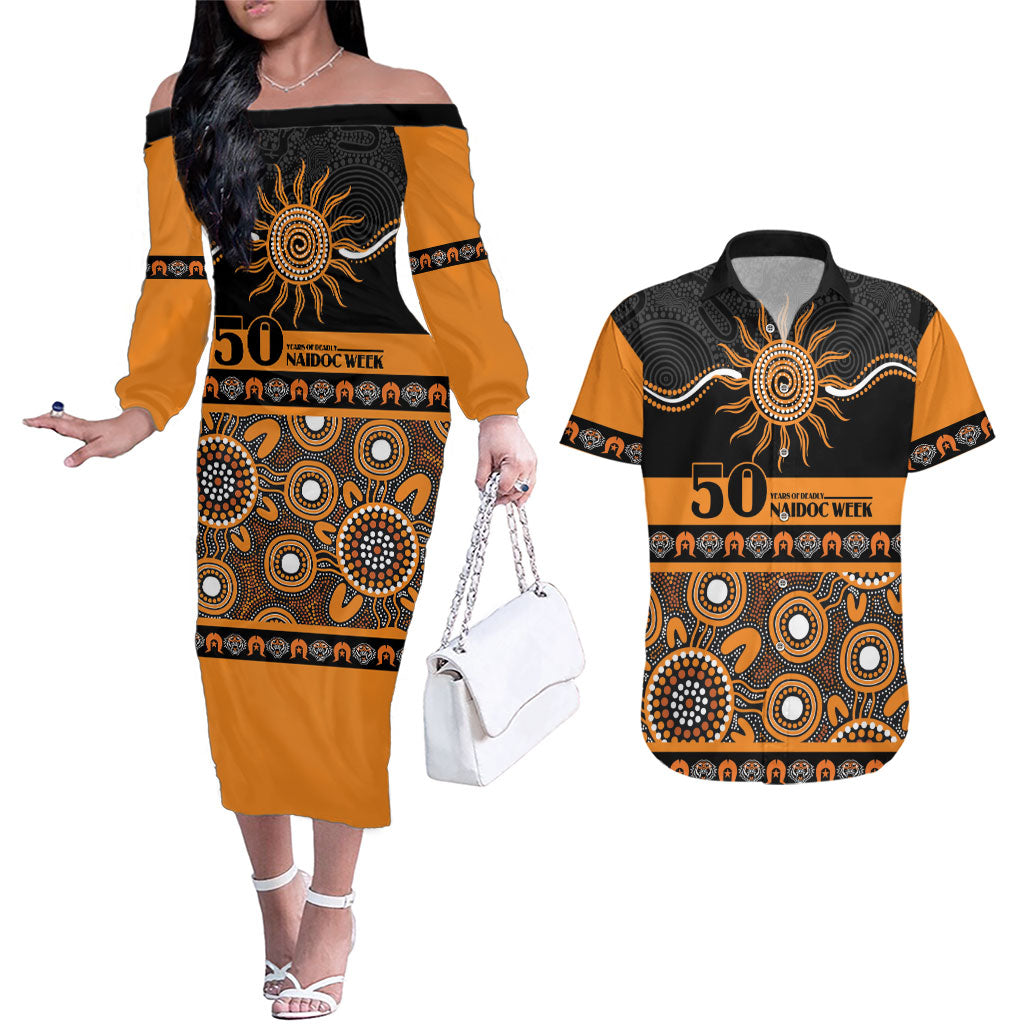 Tigers NAIDOC Week Personalised Couples Matching Off The Shoulder Long Sleeve Dress and Hawaiian Shirt Aboriginal Torres Strait Islanders Vibe