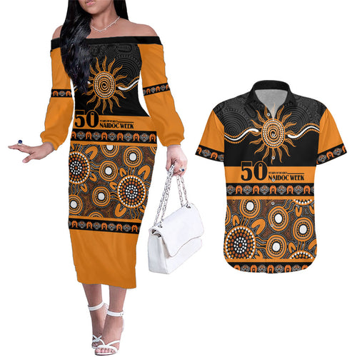 Tigers NAIDOC Week Personalised Couples Matching Off The Shoulder Long Sleeve Dress and Hawaiian Shirt Aboriginal Torres Strait Islanders Vibe