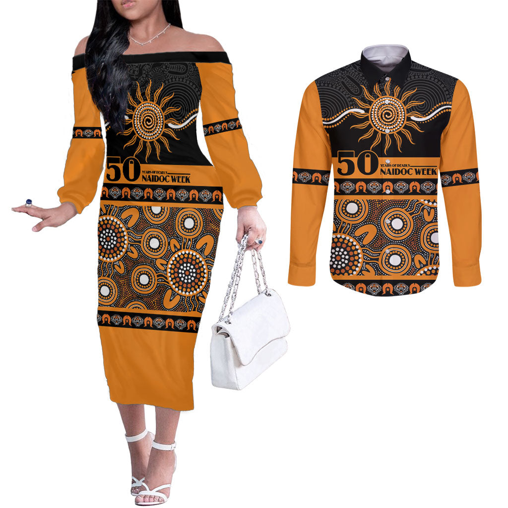 Tigers NAIDOC Week Personalised Couples Matching Off The Shoulder Long Sleeve Dress and Long Sleeve Button Shirt Aboriginal Torres Strait Islanders Vibe