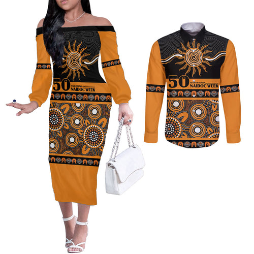 Tigers NAIDOC Week Personalised Couples Matching Off The Shoulder Long Sleeve Dress and Long Sleeve Button Shirt Aboriginal Torres Strait Islanders Vibe