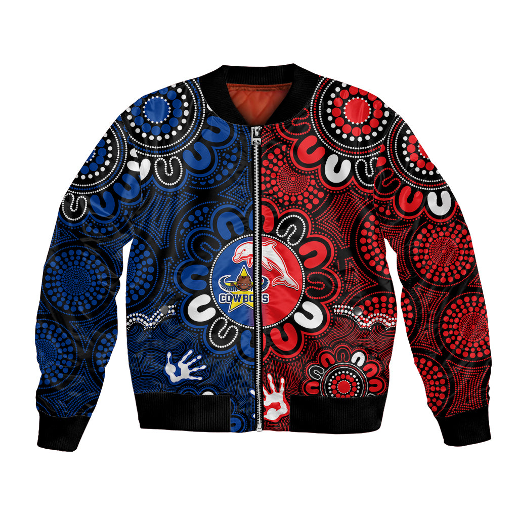 custom-text-and-number-nrl-dolphins-combine-cowboys-rugby-bomber-jacket-indigenous-aboriginal-style