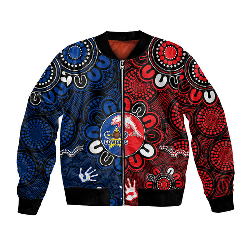 custom-text-and-number-nrl-dolphins-combine-cowboys-rugby-bomber-jacket-indigenous-aboriginal-style