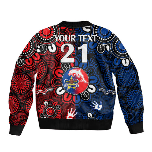 custom-text-and-number-nrl-dolphins-combine-cowboys-rugby-bomber-jacket-indigenous-aboriginal-style