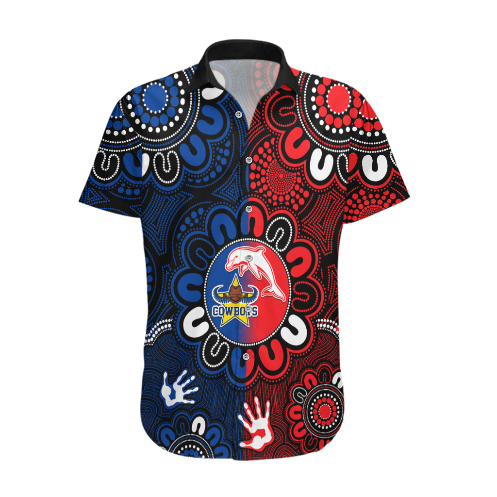 custom-text-and-number-nrl-dolphins-combine-cowboys-rugby-hawaiian-shirt-indigenous-aboriginal-style