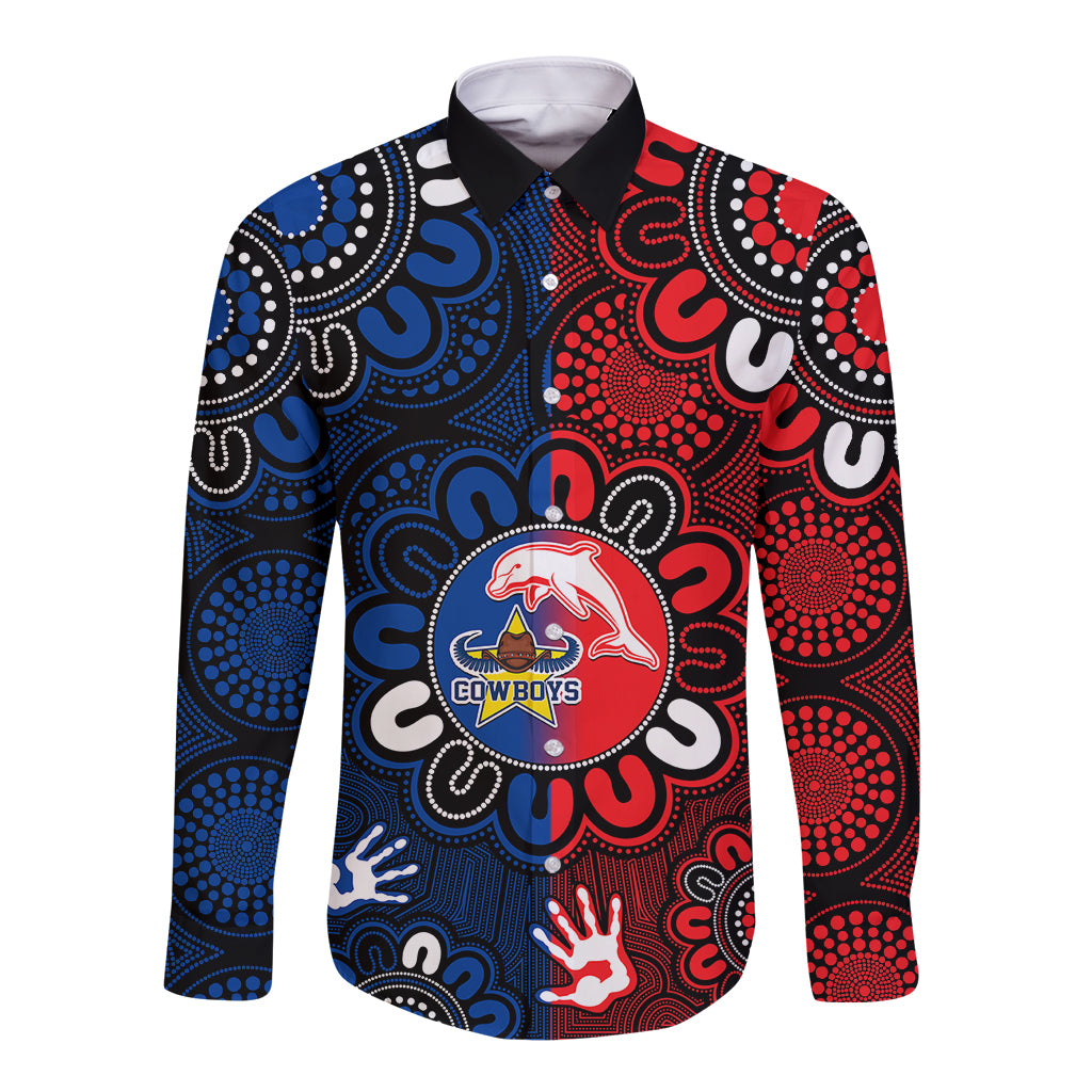 custom-text-and-number-nrl-dolphins-combine-cowboys-rugby-long-sleeve-button-shirt-indigenous-aboriginal-style