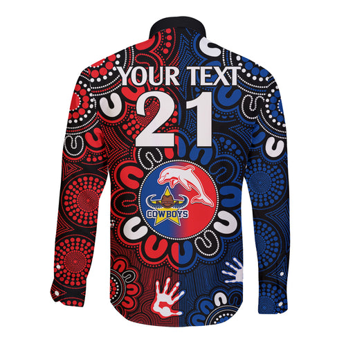 custom-text-and-number-nrl-dolphins-combine-cowboys-rugby-long-sleeve-button-shirt-indigenous-aboriginal-style