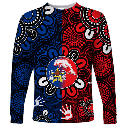custom-text-and-number-nrl-dolphins-combine-cowboys-rugby-long-sleeve-shirt-indigenous-aboriginal-style