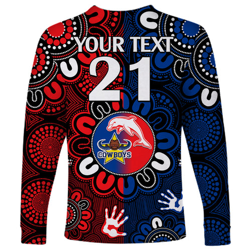 custom-text-and-number-nrl-dolphins-combine-cowboys-rugby-long-sleeve-shirt-indigenous-aboriginal-style
