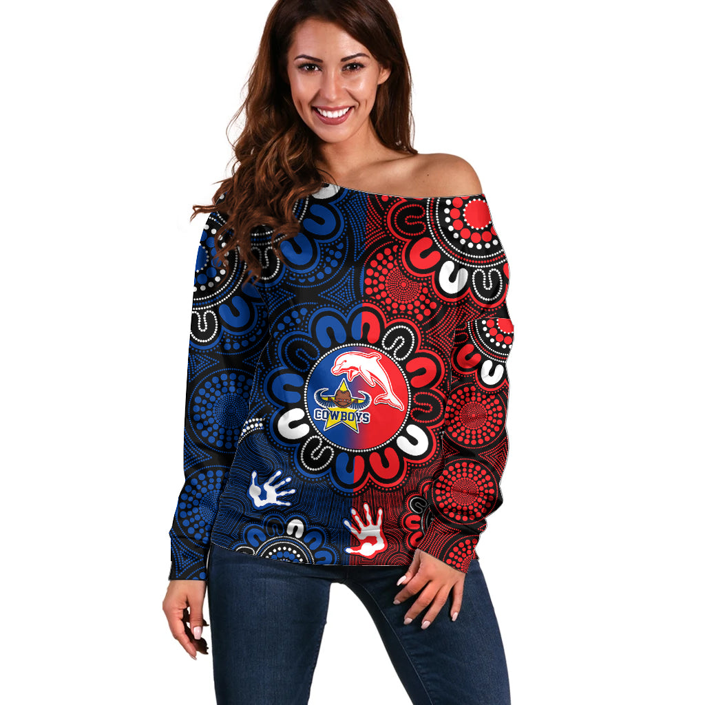 custom-text-and-number-nrl-dolphins-combine-cowboys-rugby-off-shoulder-sweater-indigenous-aboriginal-style