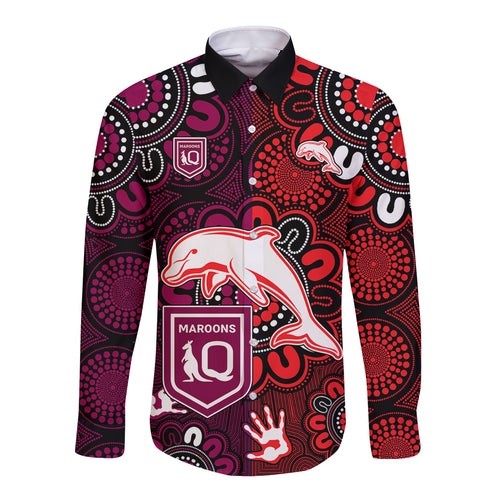custom-text-and-number-nrl-dolphins-combine-queensland-origin-long-sleeve-button-shirt-indigenous-aboriginal-style