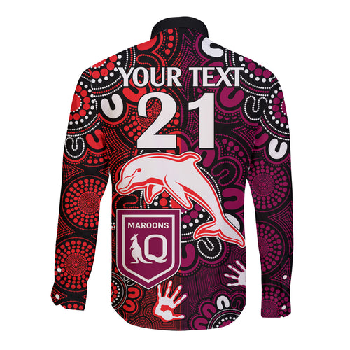 custom-text-and-number-nrl-dolphins-combine-queensland-origin-long-sleeve-button-shirt-indigenous-aboriginal-style