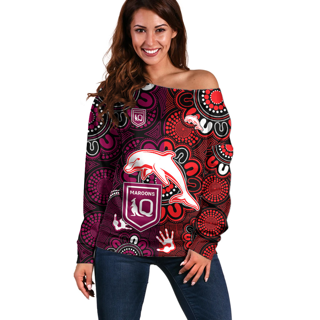 custom-text-and-number-nrl-dolphins-combine-queensland-origin-off-shoulder-sweater-indigenous-aboriginal-style