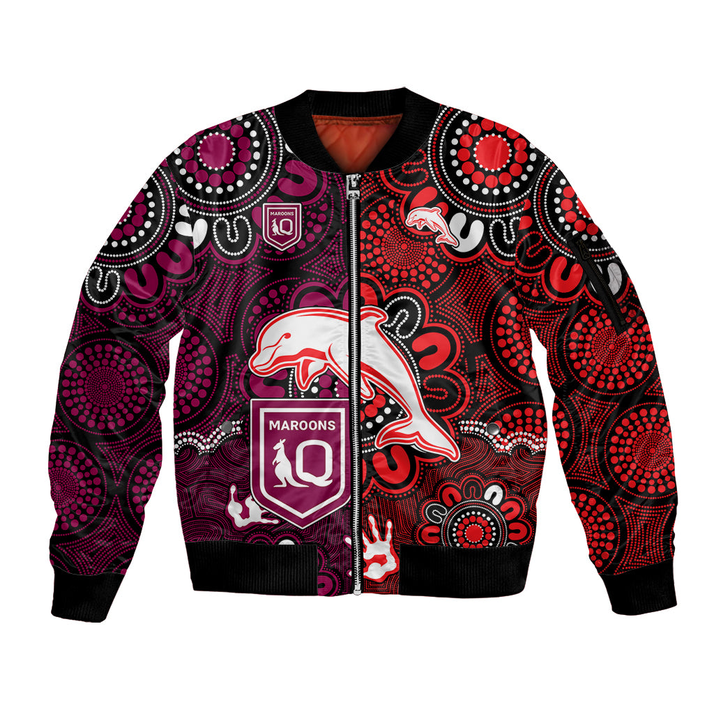 custom-text-and-number-nrl-dolphins-combine-queensland-origin-sleeve-zip-bomber-jacket-indigenous-aboriginal-style