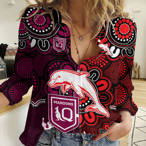 (Custom Text And Number) NRL Dolphins Combine Queensland Origin Women Casual Shirt Indigenous Aboriginal Style LT9