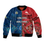 custom-text-and-number-nrl-half-dolphins-and-half-cowboys-rugby-bomber-jacket-aboriginal-2023