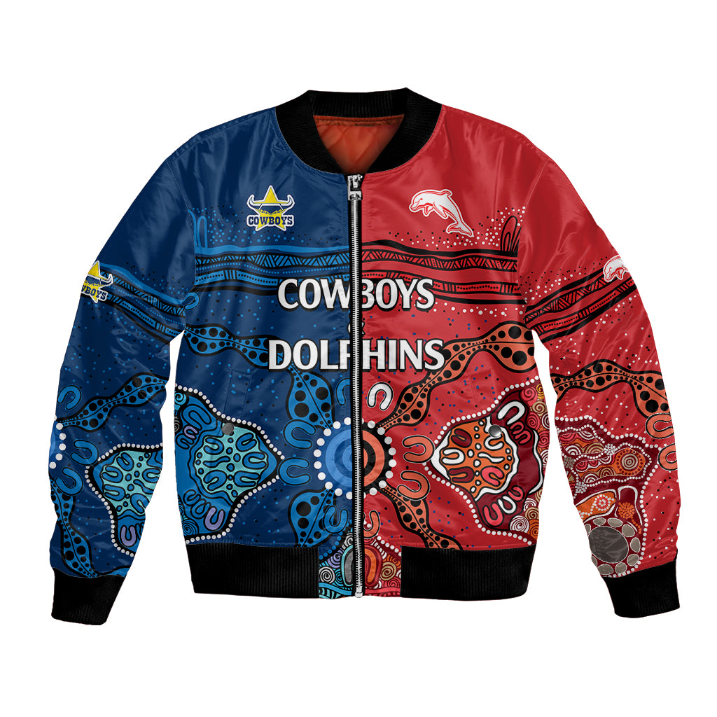 custom-text-and-number-nrl-half-dolphins-and-half-cowboys-rugby-bomber-jacket-aboriginal-2023
