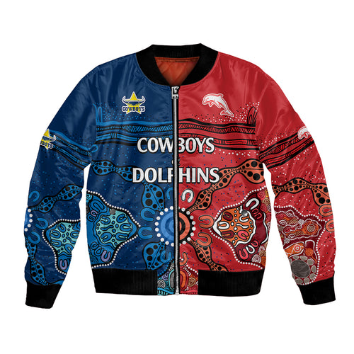 custom-text-and-number-nrl-half-dolphins-and-half-cowboys-rugby-bomber-jacket-aboriginal-2023