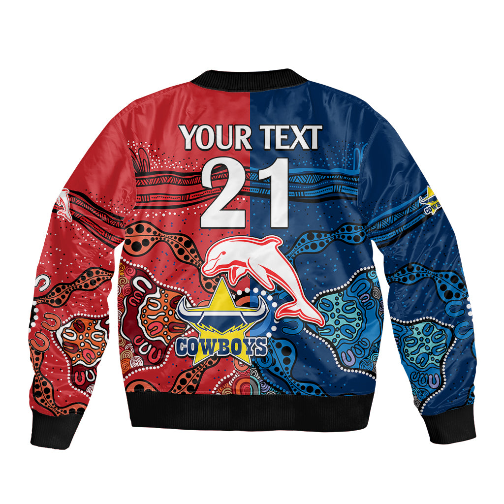 custom-text-and-number-nrl-half-dolphins-and-half-cowboys-rugby-bomber-jacket-aboriginal-2023
