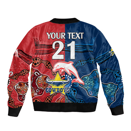 custom-text-and-number-nrl-half-dolphins-and-half-cowboys-rugby-bomber-jacket-aboriginal-2023