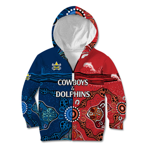 custom-text-and-number-nrl-half-dolphins-and-half-cowboys-rugby-kid-hoodie-aboriginal-2023