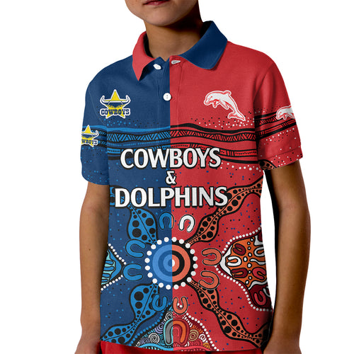 custom-text-and-number-nrl-half-dolphins-and-half-cowboys-rugby-kid-polo-shirt-aboriginal-2023