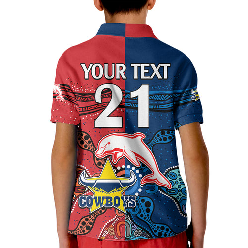 custom-text-and-number-nrl-half-dolphins-and-half-cowboys-rugby-kid-polo-shirt-aboriginal-2023