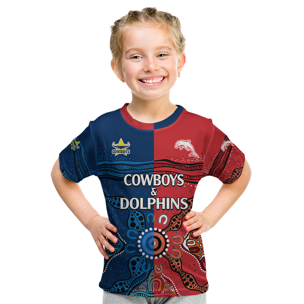 custom-text-and-number-nrl-half-dolphins-and-half-cowboys-rugby-kid-t-shirt-aboriginal-2023
