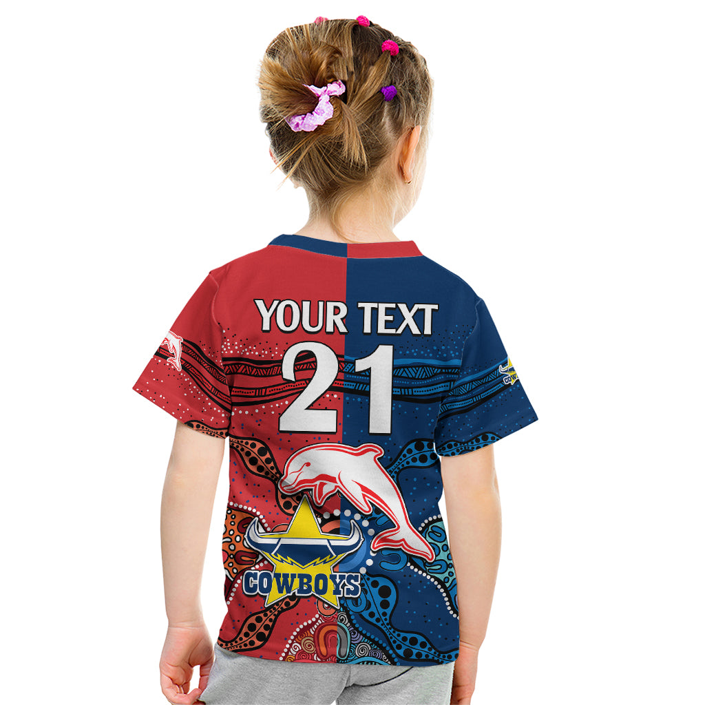 custom-text-and-number-nrl-half-dolphins-and-half-cowboys-rugby-kid-t-shirt-aboriginal-2023