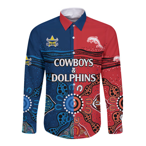 custom-text-and-number-nrl-half-dolphins-and-half-cowboys-rugby-long-sleeve-button-shirt-aboriginal-2023