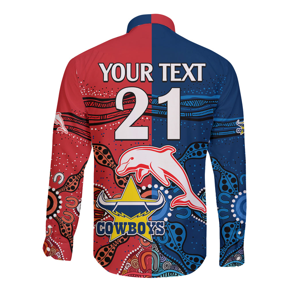 custom-text-and-number-nrl-half-dolphins-and-half-cowboys-rugby-long-sleeve-button-shirt-aboriginal-2023