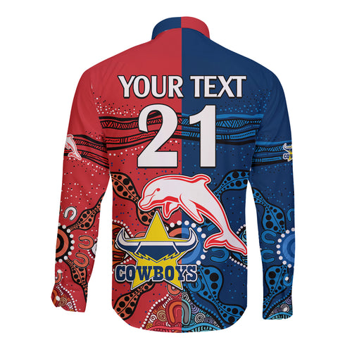 custom-text-and-number-nrl-half-dolphins-and-half-cowboys-rugby-long-sleeve-button-shirt-aboriginal-2023