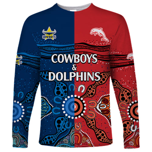 custom-text-and-number-nrl-half-dolphins-and-half-cowboys-rugby-long-sleeve-shirt-aboriginal-2023