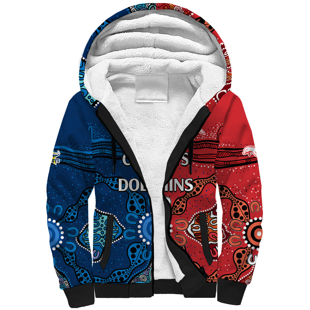 custom-text-and-number-nrl-half-dolphins-and-half-cowboys-rugby-sherpa-hoodie-aboriginal-2023