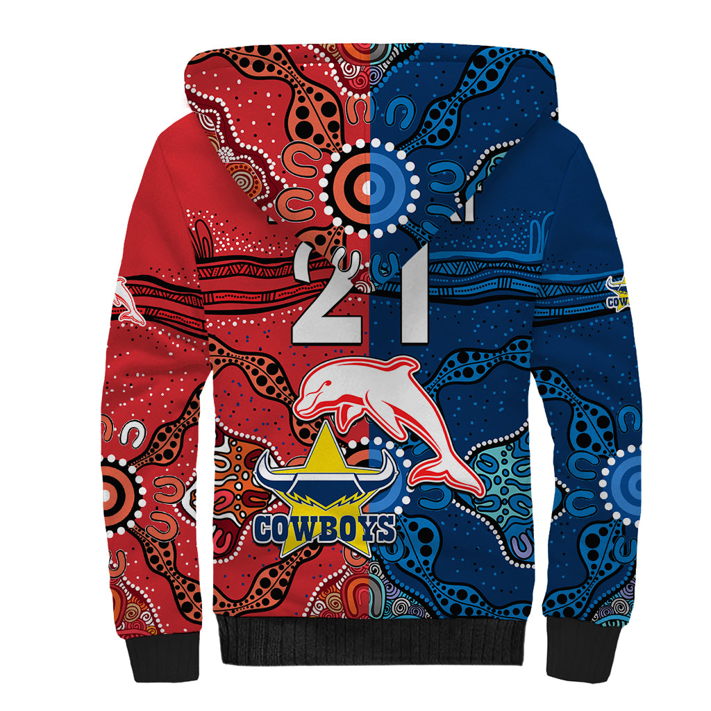 custom-text-and-number-nrl-half-dolphins-and-half-cowboys-rugby-sherpa-hoodie-aboriginal-2023